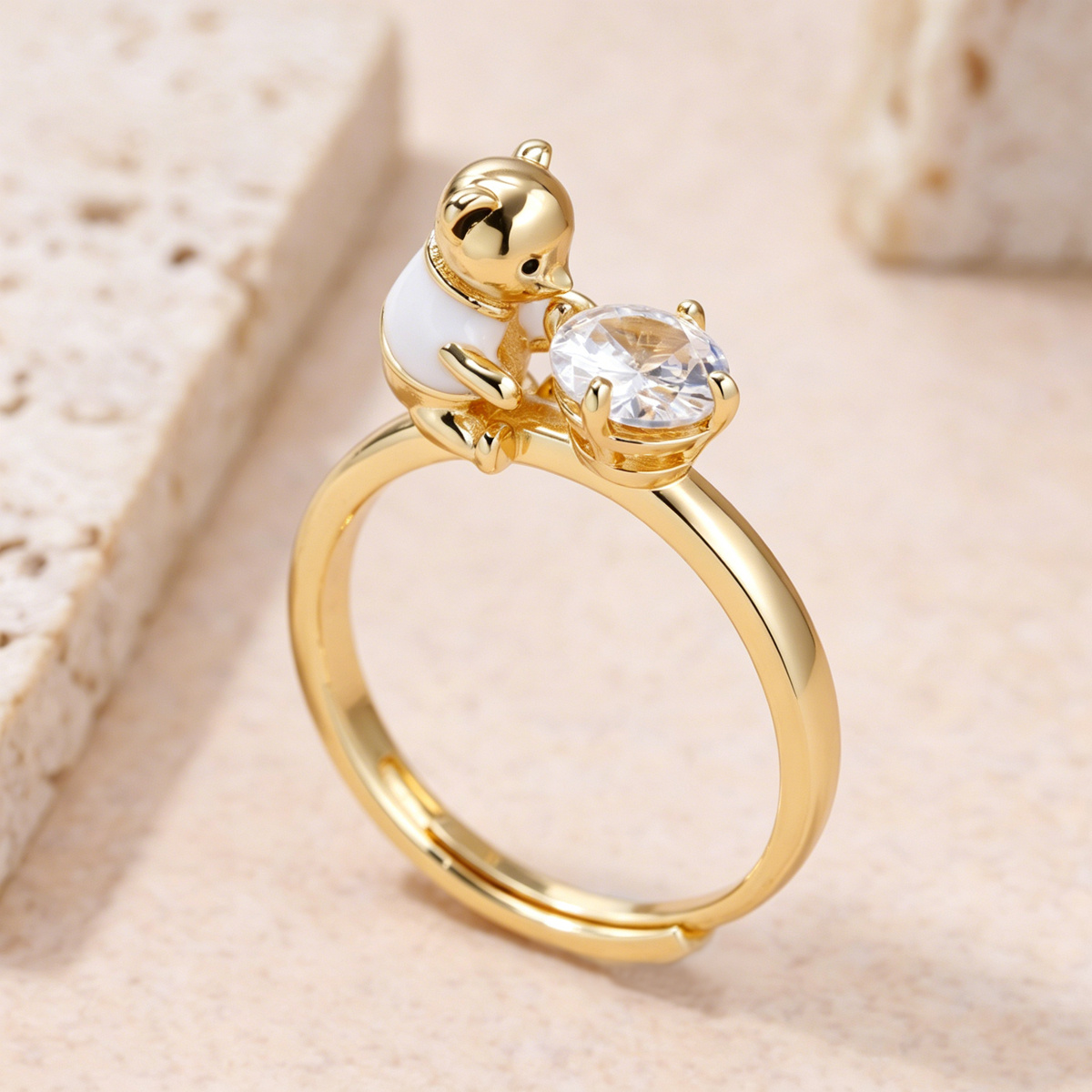 Minimalist Teddy Bear Open Ring with Shiny Zirconia